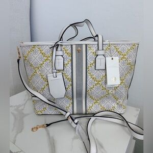 TORY BURCH T MONOGRAM FLORAL VINE SMALL TOP-ZIP TOTE BAG